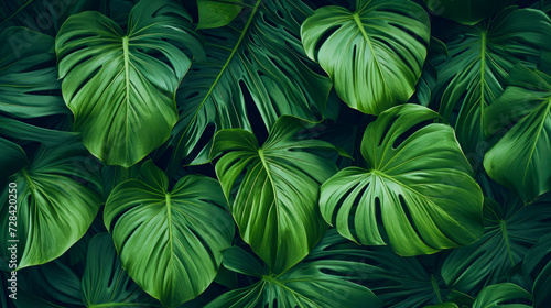 deep green background with the texture of green leaves of monstera. view from above