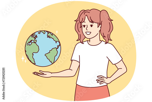 Teenage girl with globe hanging in weightlessness studies geography and location of continents or states. Child from elementary school dreams of traveling to cities of world. Flat vector illustration