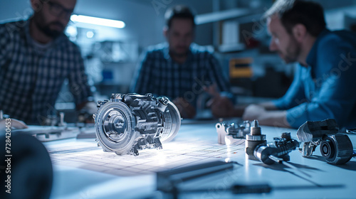 Engineers are meticulously studying mechanical components in a high-tech engineering laboratory.