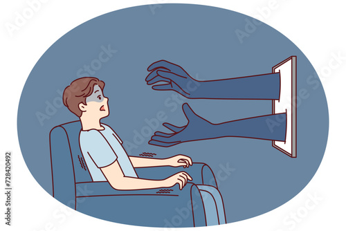 Man sitting in chair in front TV gets scared when sees hands reaching out from display. Shocked guy after learning unexpected information from documentary program opens mouth. Flat vector design