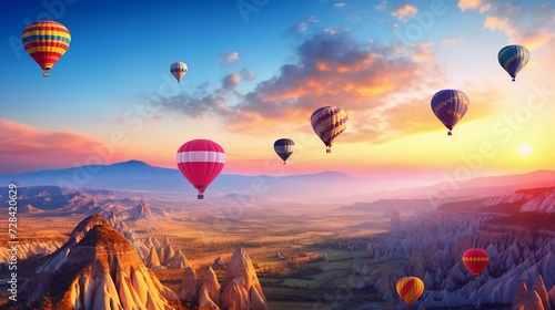 realistic photo Colorful hot air balloons flying over mountains. generative ai