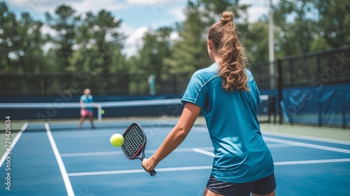 Energetic woman enjoying a game of pickleball at the court with ample space for text placement