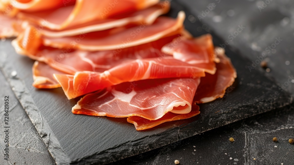 Sliced jamon on a dark background. Selective focus Sliced jamon on a dark background. Selective focus