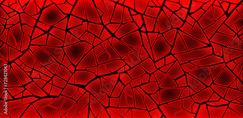 Vector black cracks on a dark red glowing background. Volcanic faults in vitrified soils. Broken crust into many small pieces.