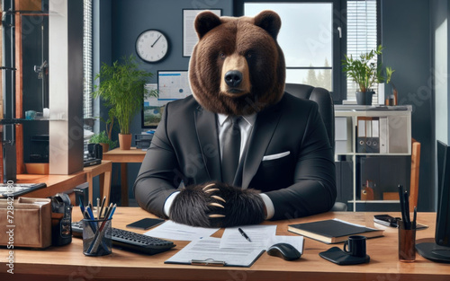 The boss bear is sitting at his desk in the office
