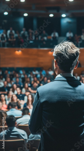 Speaker Giving a Talk at Business Meeting. Audience in the conference hall. Business and Entrepreneurship. Rear view of unrecognized participant in audience .