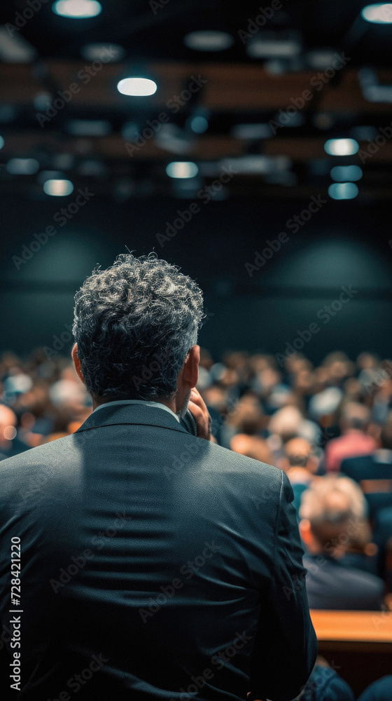Business and entrepreneurship symposium. Speaker giving a talk at business meeting. Audience in conference hall. Rear view of unrecognized participant in audience . Business and entrepreneurship symposium. Speaker giving a talk at business meeting. Audience in conference hall. Rear view of unrecognized participant in audience .