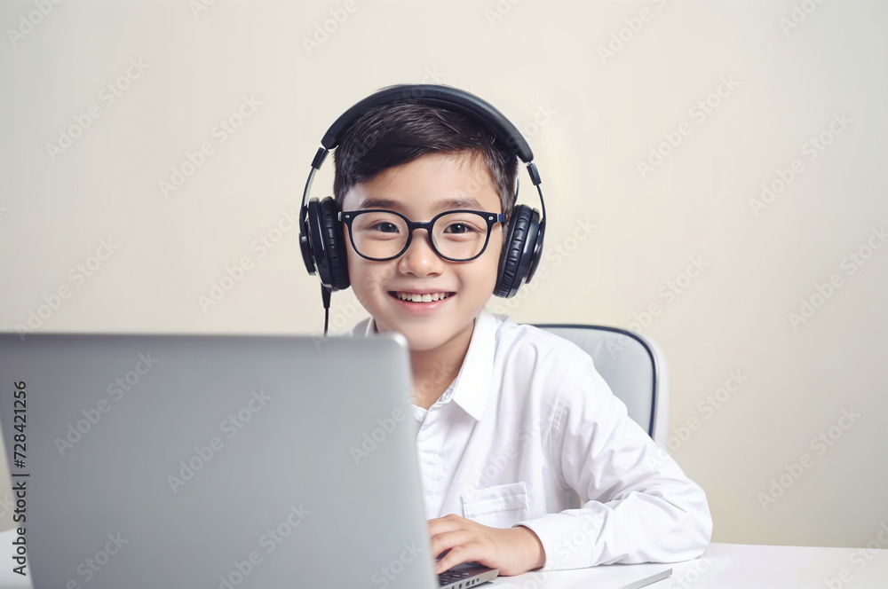 Smiling handsome ASIAN BOY wearing glasses and headphones smiles while using laptop. The child is studying remotely, homeschooling, doing homework. Smiling handsome ASIAN BOY wearing glasses and headphones smiles while using laptop. The child is studying remotely, homeschooling, doing homework.