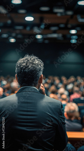 Business and entrepreneurship symposium. Speaker giving a talk at business meeting. Audience in conference hall. Rear view of unrecognized participant in audience .