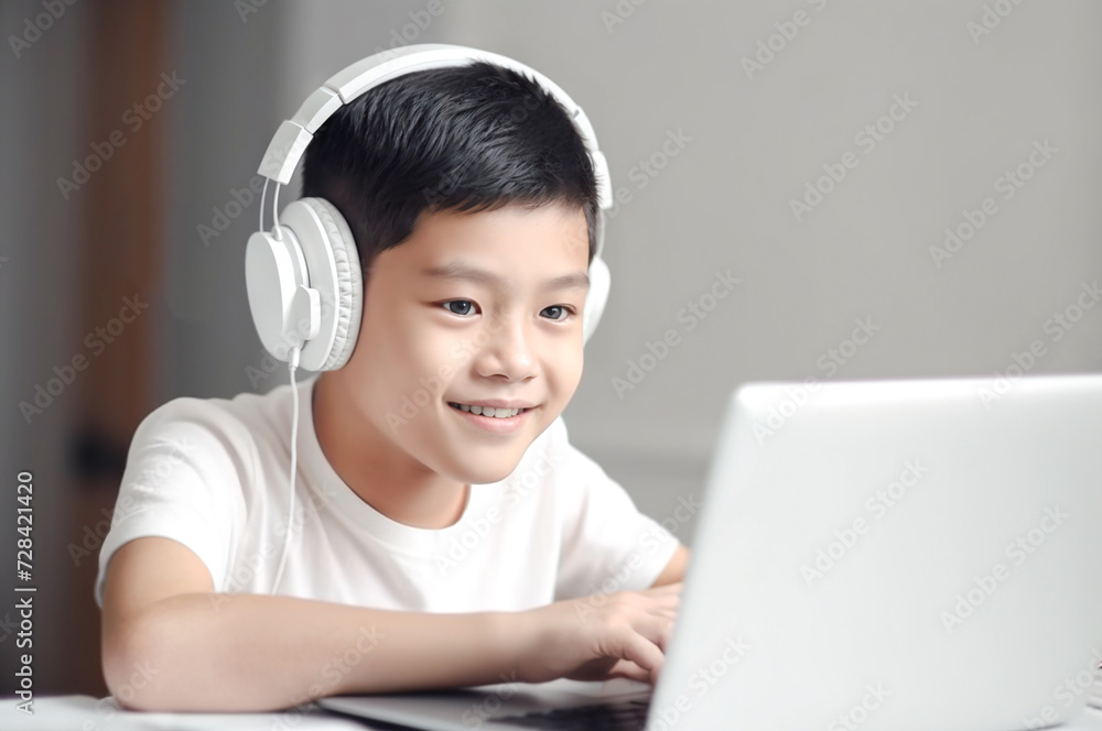 Smiling handsome ASIAN BOY wearing headphones smiles while using laptop. The child is studying remotely, homeschooling, doing homework. Smiling handsome ASIAN BOY wearing headphones smiles while using laptop. The child is studying remotely, homeschooling, doing homework.