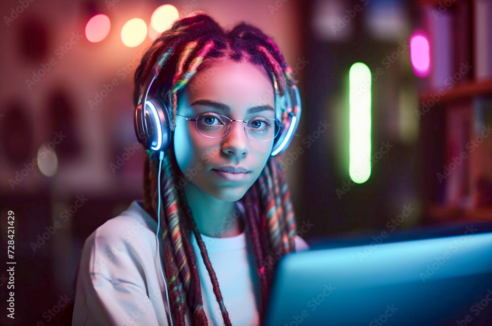 A beautiful girl with dreadlocks wearing headphones, distance learning with laptop, background with blurry bright lights. A beautiful girl with dreadlocks wearing headphones, distance learning with laptop, background with blurry bright lights.