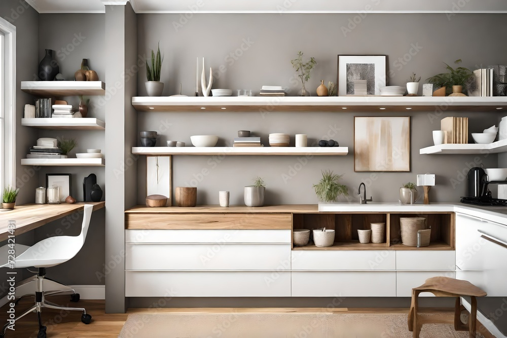 Fototapeta premium Utilize vertical space with floating shelves for a chic and organized display 