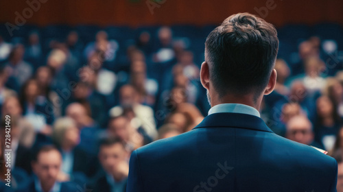 Businessman standing in front of a group of people in a conference hall