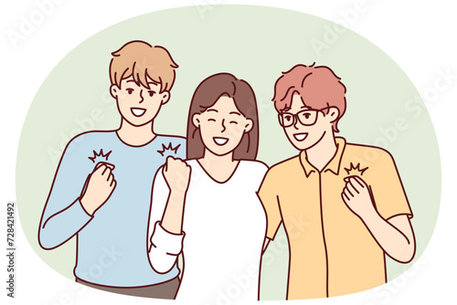 Girl and two guys with smile on faces make winning gesture rejoicing at receiving prize in student competition. Youth men and woman in casual clothes having fun together. Flat vector image