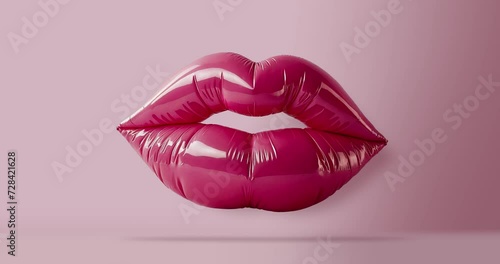 Close-up of female pink latex lips with glitter isolated on pink background. The makeup and lip gloss are sexy and glamorous in detail. 4K video. Generative AI photo