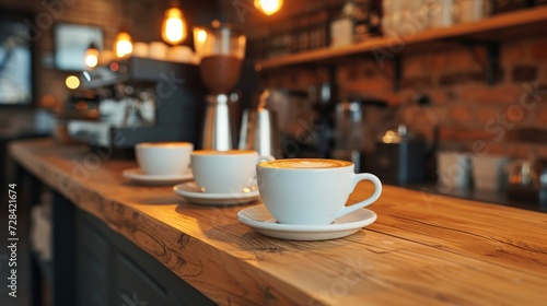 Uniform coffee cups lined up in a modern espresso bar with a rustic wooden counter