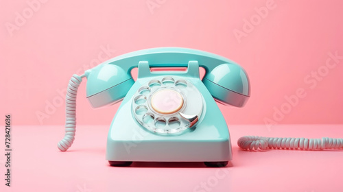 Vintage classic rotary dial light blue phone. Pastel colour palette. Retro concept. Generative AI