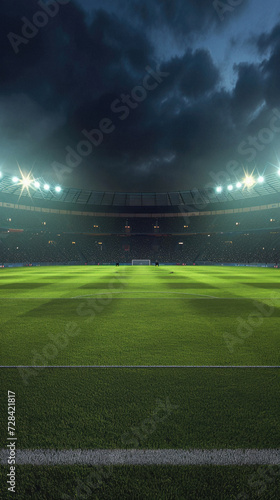 Evening football stadium with green grass and lights,