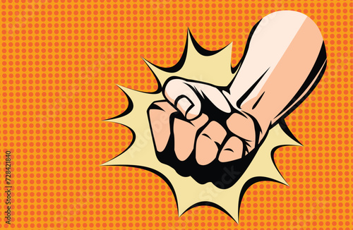Hand fist with comics background. Blow fist flat cartoon banner. Vector hand strike as a concept energy and power