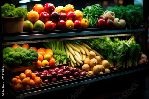 Fresh fruits and vegetables on the counter in the store