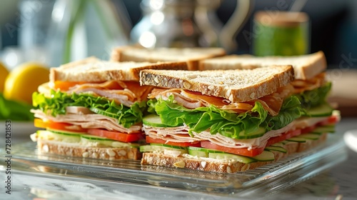 Modern gourmet picnic setting with fresh deli sandwiches and vibrant natural lighting photo