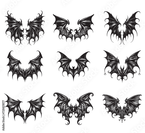A collection of modern-style vector bat wings the style of classical engraving for creating tattoos, temporary tattoos, stickers and more photo