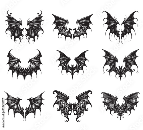 A collection of modern-style vector bat wings the style of classical engraving for creating tattoos, temporary tattoos, stickers and more
