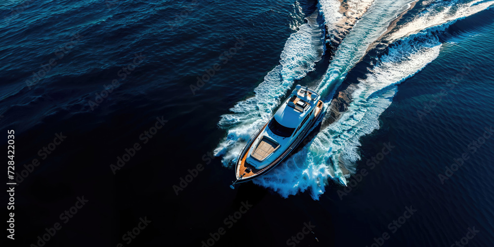 A luxury yacht cuts through the deep blue sea, leaving a trail of ...
