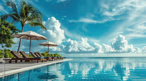 Swimming pool with sun loungers and palm trees at Maldives