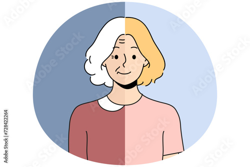 Collage of woman process of aging. Female in younger and older years. Natural aging concept. Vector illustration.