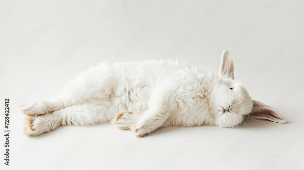 White fluffy rabbit sleeps on its back. Light background. Copy space. Greeting card concept. Generative AI