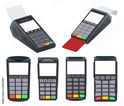 Payment pos terminal set. NFC payment machine concept. Bank payment terminal, mockup. Vector illustration in flat design