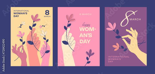 Set of 3 postcards for international woman day. Vector illustration. March 8  women portraits pink  purple  yellow  orange  blue