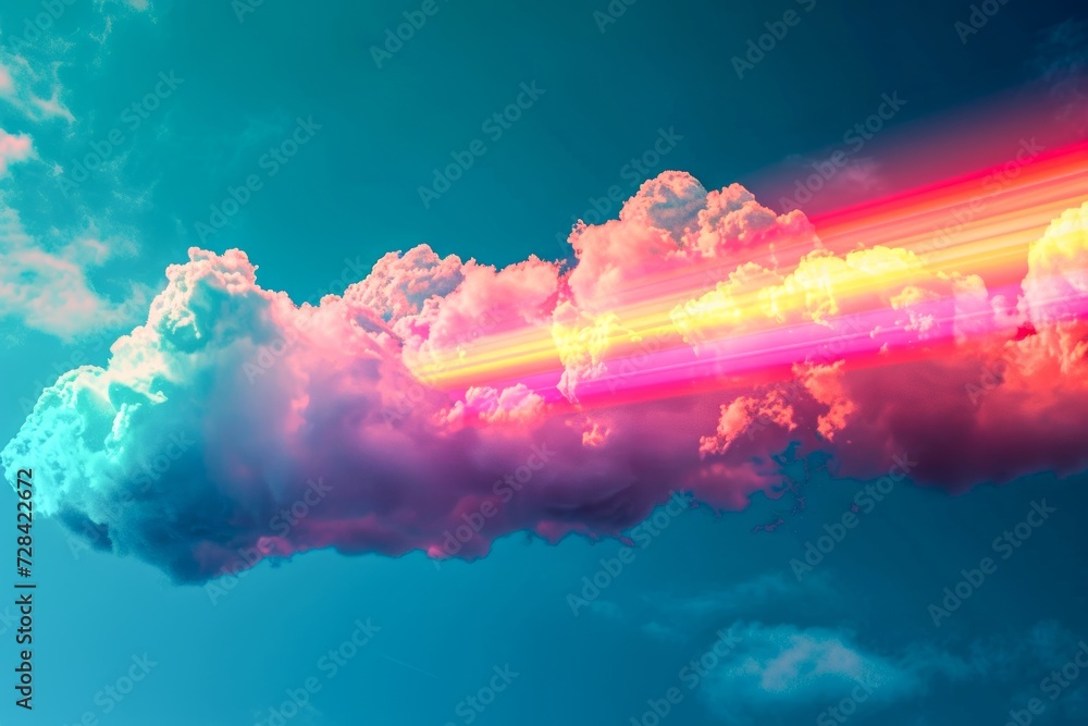 A vibrant rainbow arches across the expansive sky, adding a burst of ...