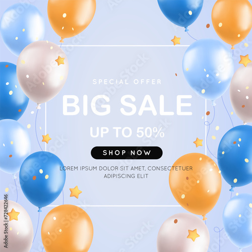 Big sale with 3d balloons, realistic air balloons, stars and confetti. Special offer banner, shop festive concept. Vector illustration
