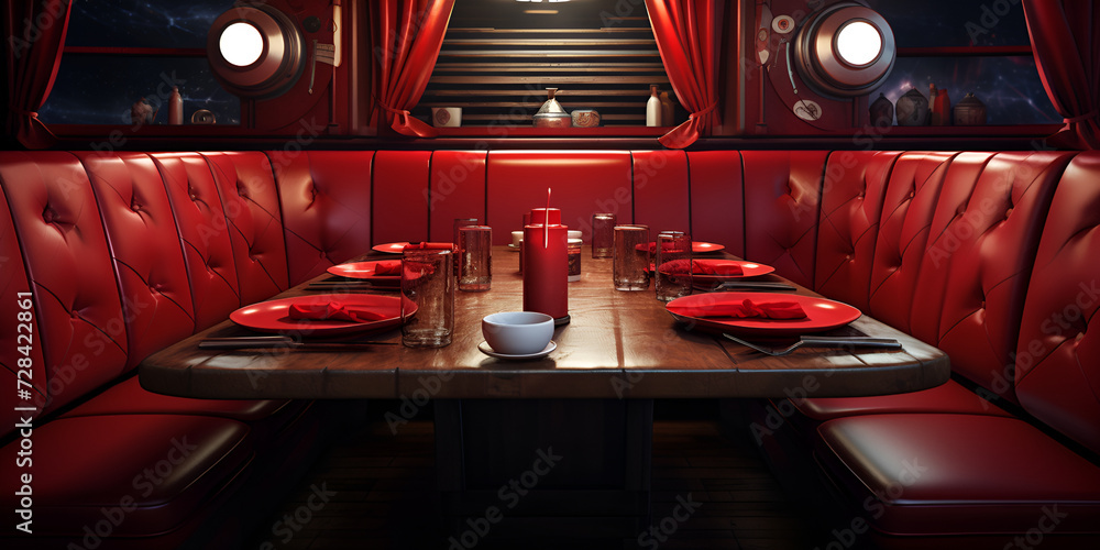 Old Fashioned Red Bar Stools In  Burger Retro Diner Restaurant. Interior Of Bar Is In Traditional Style.
