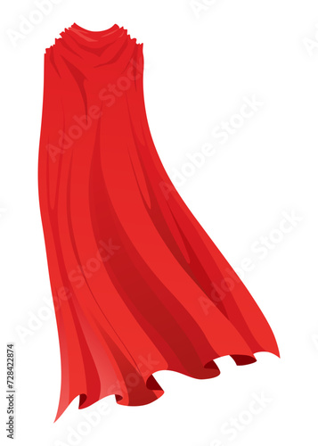 Superhero red cape in back view. Scarlet fabric silk cloak. Mantle costume or cover cartoon vector illustration