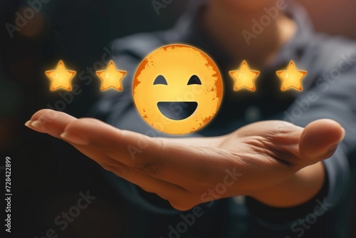 Blessed emoticon verbal expression star ratings. Sociable passionate team communication external client feedback. Managing client reviews. Star emoji happy smileys, positive everlasting smiling symbol photo