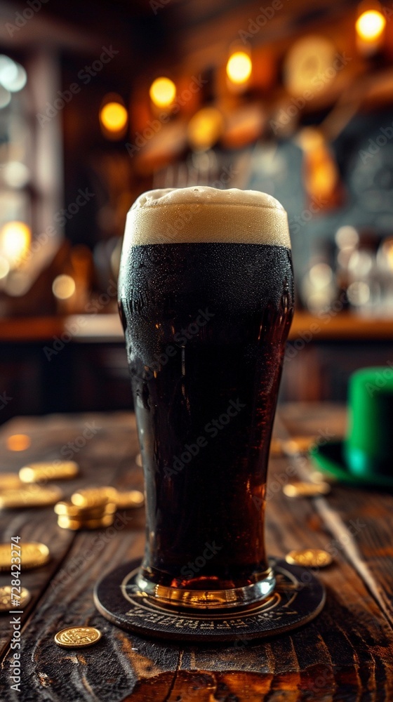 Pint of dark Irish stout beer with a frothy foam head. Irish pub with St. Patrick's Day decor, green top hat, gold coins. Vertical wallpaper. AI Generated - obrazy, fototapety, plakaty 