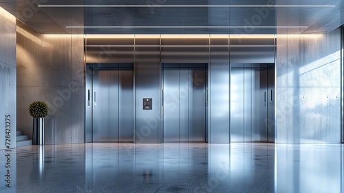 Modern corporate lobby with sleek metallic elevators and reflective marble floors