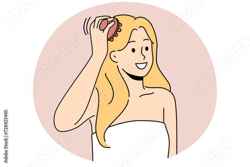 Woman in towel after shower use scalp brush massaging head. Female after bath massage scalp with beauty tool. Vector illustration.