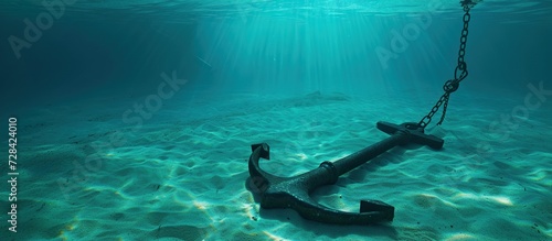 The rusty ship anchor is under the sea