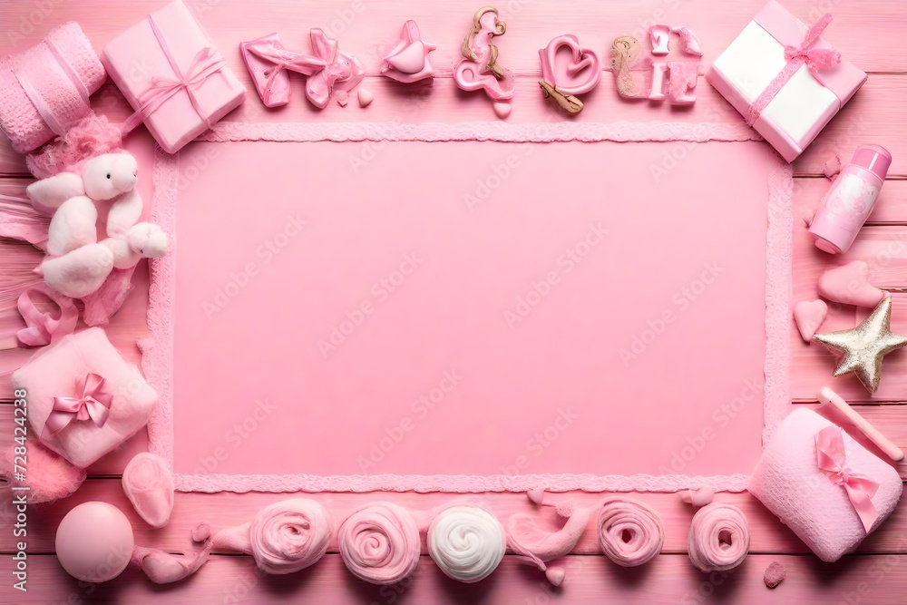 Its a Girl pink theme Baby Shower or Nursery background with decorated borders on pink wood background