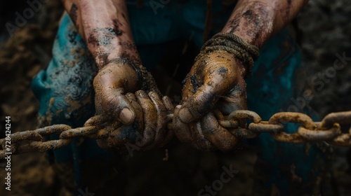 Foto Rusty steel chain shackling close up of man s hands, representing captivity and restraint
