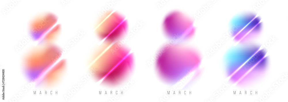 March 8. Blurred shapes. Number 8. Set of festive templates for International Women's Day holiday graphic design. Vibrant colors. Vector illustration. March 8. Blurred shapes. Number 8. Set of festive templates for International Women's Day holiday graphic design. Vibrant colors. Vector illustration.