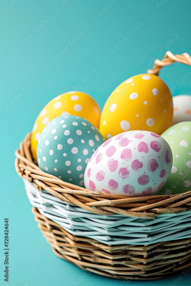 Happy Easter day decoration colorful eggs in nest on paper background with copy space Promotional banner for Easter.  Images of Easter eggs.