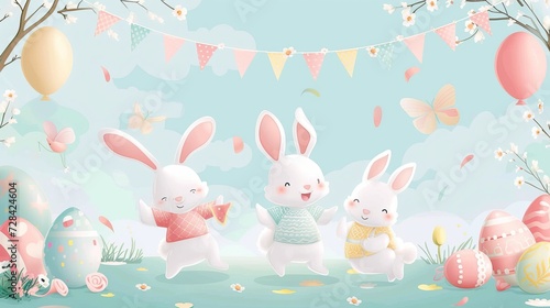 Playful and lively atmosphere with a banner featuring cute bunnies engaged in various Easter activities. Pastel colors and dynamic compositions to capture the joy of the season.