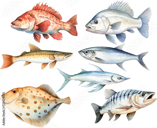 Collection of watercolor fish isolated on white photo
