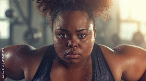 Demonstrating determination, an overweight woman engages in cardio exercise at the gym, embodying commitment to her fitness journey. photo