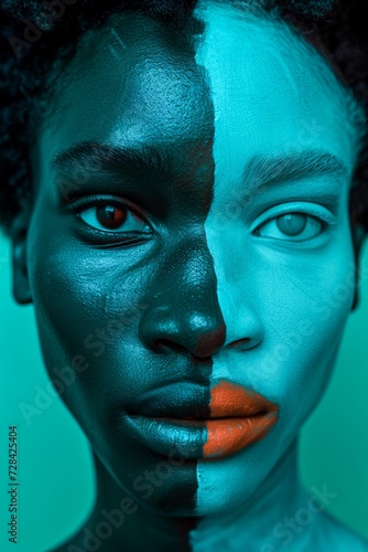 A striking portrait of a woman with a bold and contrasting face, half painted in vibrant blue and orange, showcasing her unique blend of artistry and human features photo